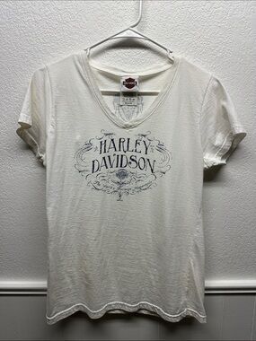 K184 Motor Harley-Davidson Off-White Navy Short Sleeve V-Neck Graphic Sz Med NWT